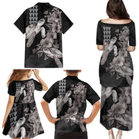 Hawaiian Turtle Love Couple Family Matching Puletasi and Hawaiian Shirt - Sweet Hibiscus and Kakau Pattern Grayscale Color LT03 - Polynesian Pride
