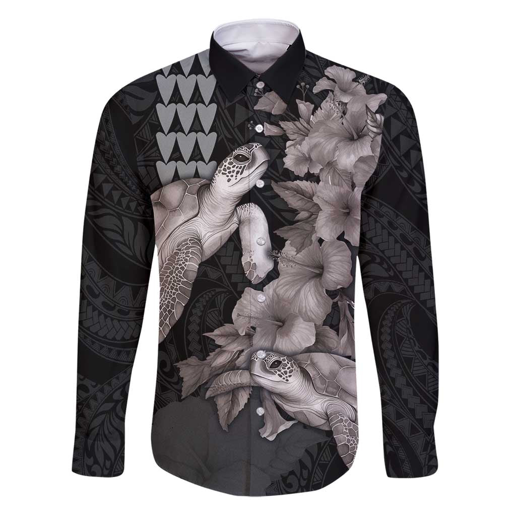 Hawaiian Turtle Love Couple Family Matching Puletasi and Hawaiian Shirt - Sweet Hibiscus and Kakau Pattern Grayscale Color LT03 Dad's Shirt - Long Sleeve Black - Polynesian Pride