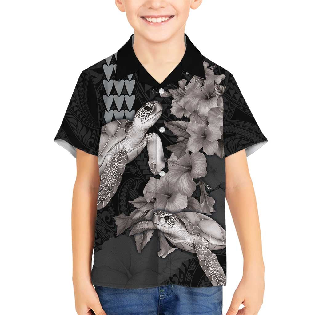 Hawaiian Turtle Love Couple Family Matching Puletasi and Hawaiian Shirt - Sweet Hibiscus and Kakau Pattern Grayscale Color LT03 Son's Shirt Black - Polynesian Pride