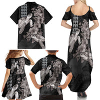 Hawaiian Turtle Love Couple Family Matching Summer Maxi Dress and Hawaiian Shirt - Sweet Hibiscus and Kakau Pattern Grayscale Color