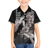 Hawaiian Turtle Love Couple Kid Hawaiian Shirt - Sweet Hibiscus and Kakau Pattern Grayscale Color LT03 Kid Black - Polynesian Pride