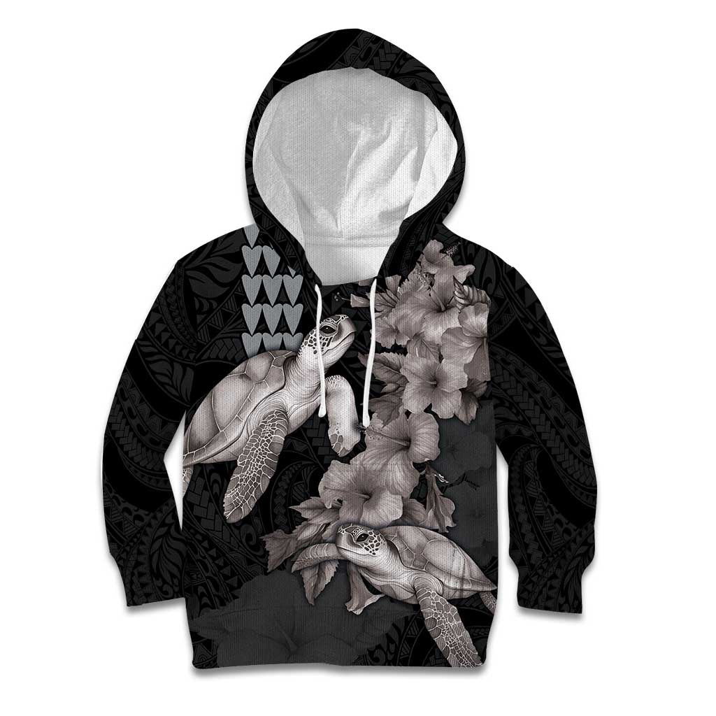Hawaiian Turtle Love Couple Kid Hoodie - Sweet Hibiscus and Kakau Pattern Grayscale Color LT03 Hoodie Black - Polynesian Pride