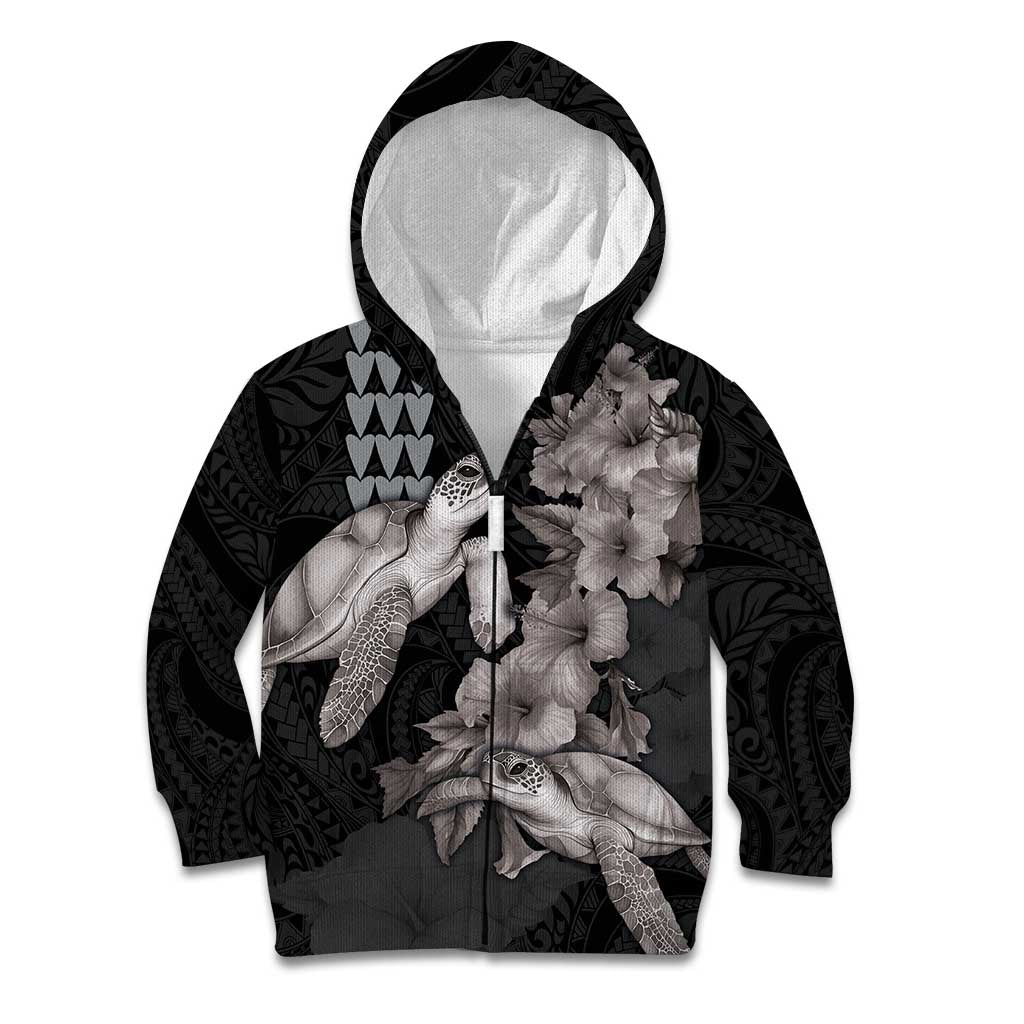 Hawaiian Turtle Love Couple Kid Hoodie - Sweet Hibiscus and Kakau Pattern Grayscale Color LT03 Zip Hoodie Black - Polynesian Pride