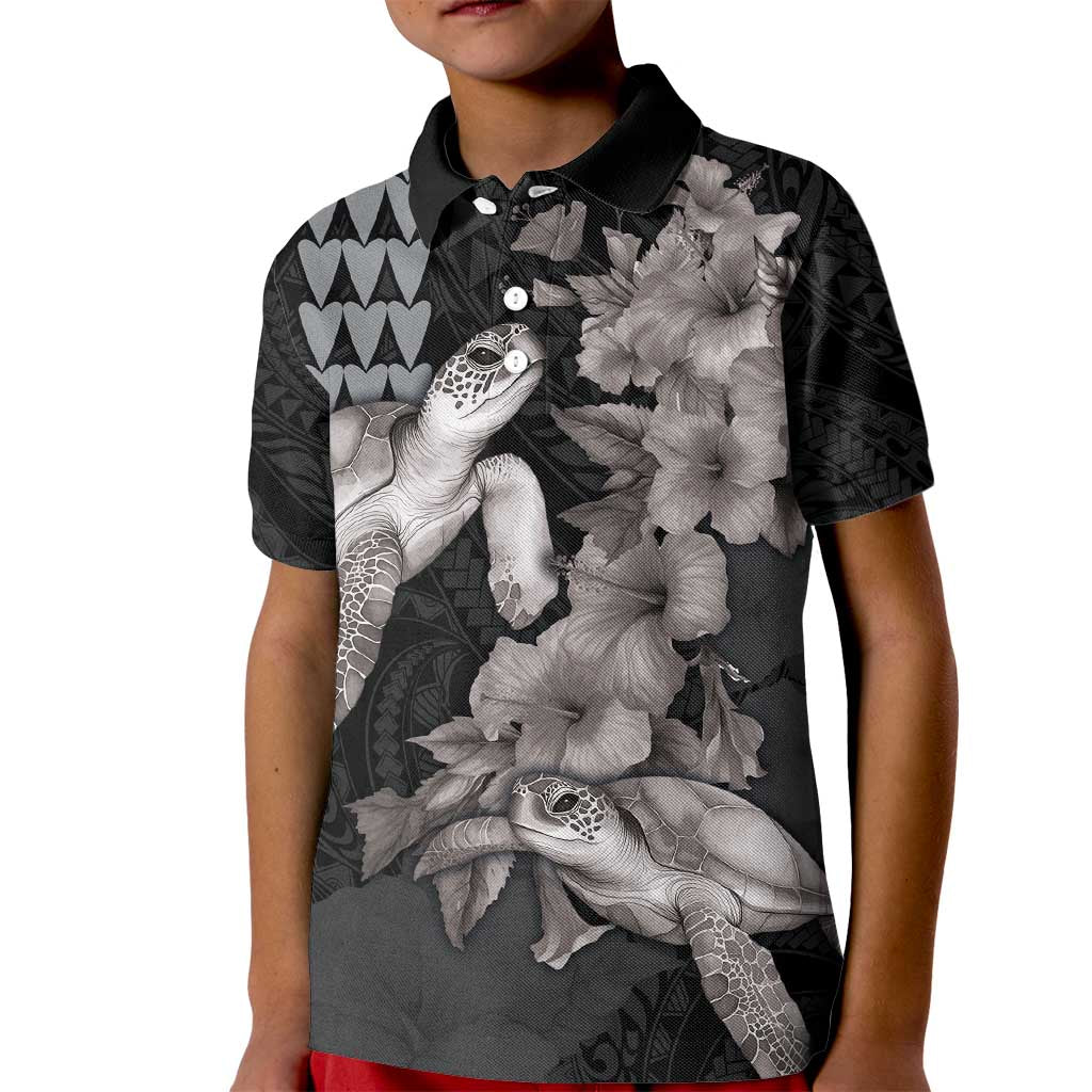 Hawaiian Turtle Love Couple Kid Polo Shirt - Sweet Hibiscus and Kakau Pattern Grayscale Color LT03 Kid Black - Polynesian Pride