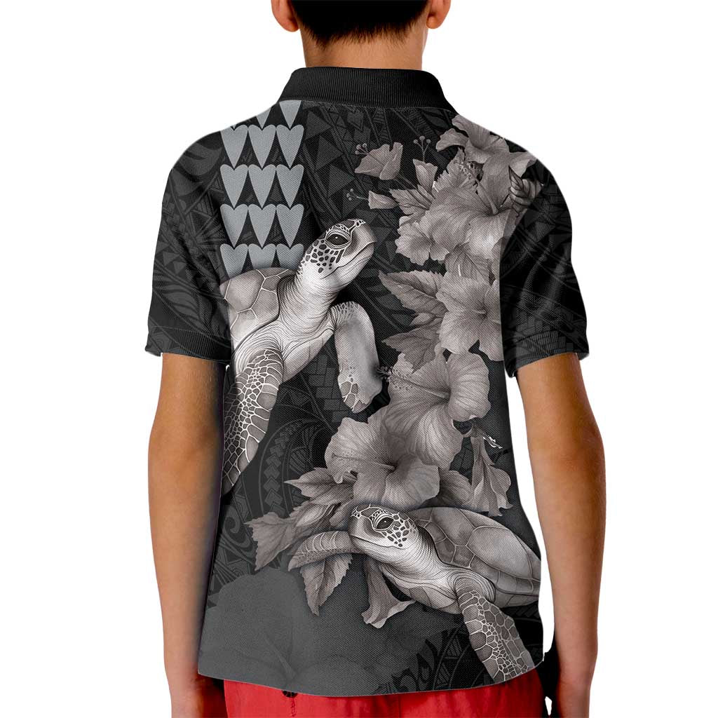 Hawaiian Turtle Love Couple Kid Polo Shirt - Sweet Hibiscus and Kakau Pattern Grayscale Color LT03 - Polynesian Pride