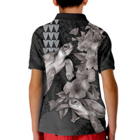 Hawaiian Turtle Love Couple Kid Polo Shirt - Sweet Hibiscus and Kakau Pattern Grayscale Color LT03 - Polynesian Pride
