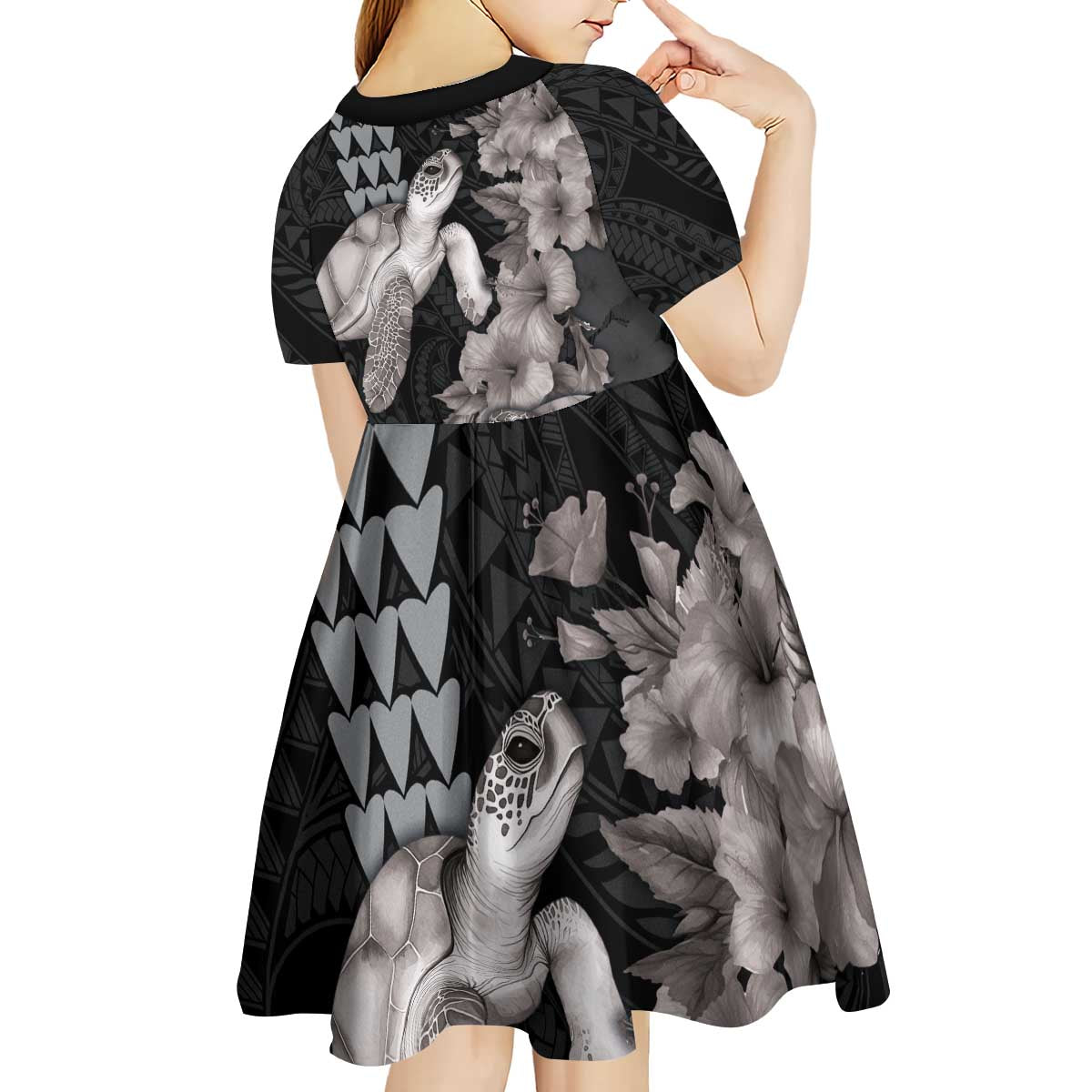 Hawaiian Turtle Love Couple Kid Short Sleeve Dress - Sweet Hibiscus and Kakau Pattern Grayscale Color LT03 - Polynesian Pride