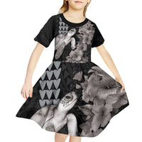 Hawaiian Turtle Love Couple Kid Short Sleeve Dress - Sweet Hibiscus and Kakau Pattern Grayscale Color LT03 - Polynesian Pride