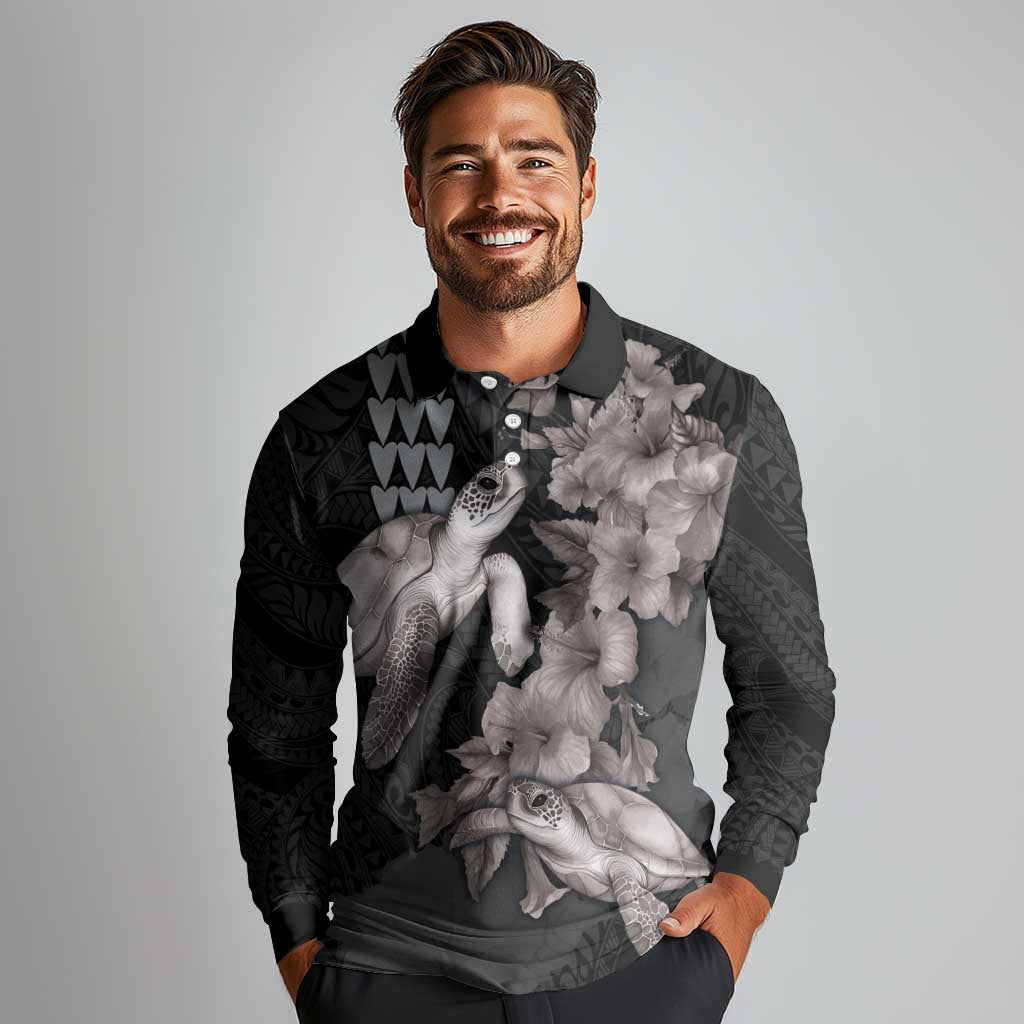 Hawaiian Turtle Love Couple Long Sleeve Polo Shirt - Sweet Hibiscus and Kakau Pattern Grayscale Color LT03 - Polynesian Pride
