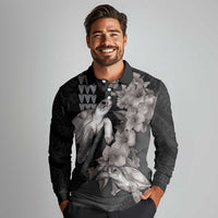 Hawaiian Turtle Love Couple Long Sleeve Polo Shirt - Sweet Hibiscus and Kakau Pattern Grayscale Color LT03 - Polynesian Pride