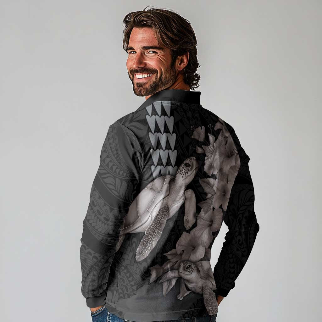 Hawaiian Turtle Love Couple Long Sleeve Polo Shirt - Sweet Hibiscus and Kakau Pattern Grayscale Color LT03 - Polynesian Pride
