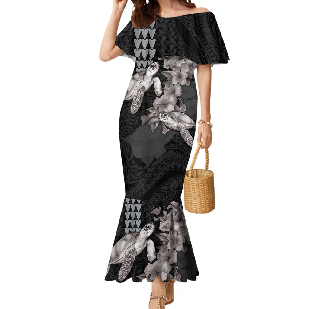 Hawaiian Turtle Love Couple Mermaid Dress - Sweet Hibiscus and Kakau Pattern Grayscale Color LT03 Women Black - Polynesian Pride