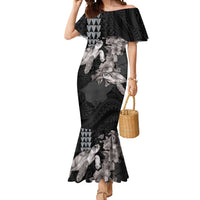 Hawaiian Turtle Love Couple Mermaid Dress - Sweet Hibiscus and Kakau Pattern Grayscale Color LT03 Women Black - Polynesian Pride