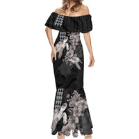 Hawaiian Turtle Love Couple Mermaid Dress - Sweet Hibiscus and Kakau Pattern Grayscale Color LT03 - Polynesian Pride