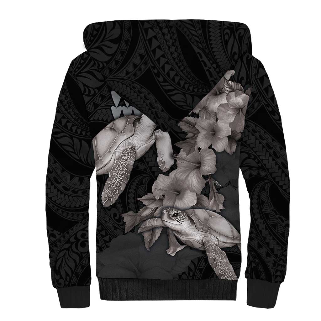 Hawaiian Turtle Love Couple Sherpa Hoodie - Sweet Hibiscus and Kakau Pattern Grayscale Color LT03 - Polynesian Pride