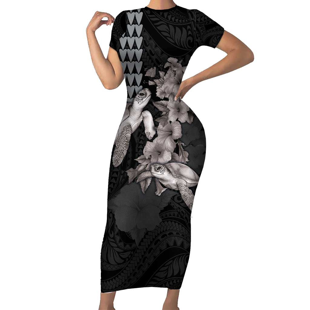 Hawaiian Turtle Love Couple Short Sleeve Bodycon Dress - Sweet Hibiscus and Kakau Pattern Grayscale Color LT03 Long Dress Black - Polynesian Pride