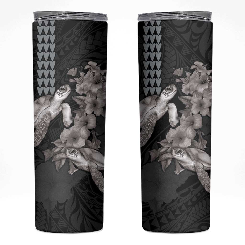 Hawaiian Turtle Love Couple Skinny Tumbler Sweet Hibiscus and Kakau Pattern Grayscale Color LT03 Black - Polynesian Pride