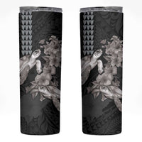Hawaiian Turtle Love Couple Skinny Tumbler Sweet Hibiscus and Kakau Pattern Grayscale Color LT03 Black - Polynesian Pride