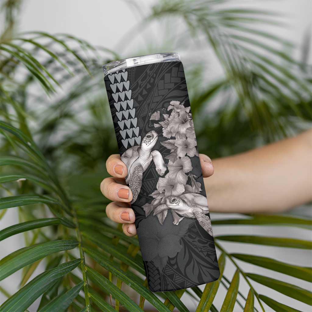 Hawaiian Turtle Love Couple Skinny Tumbler Sweet Hibiscus and Kakau Pattern Grayscale Color LT03 - Polynesian Pride