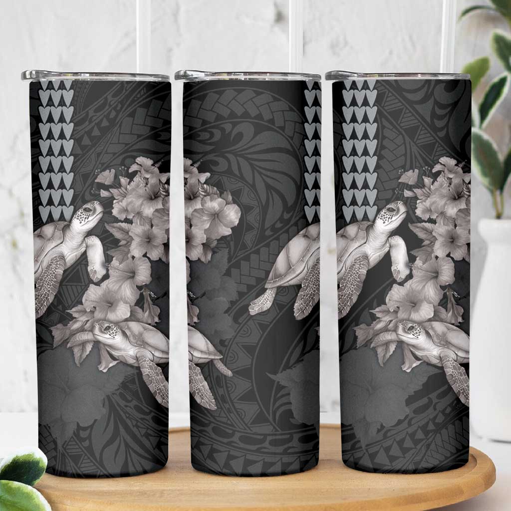 Hawaiian Turtle Love Couple Skinny Tumbler Sweet Hibiscus and Kakau Pattern Grayscale Color LT03 - Polynesian Pride