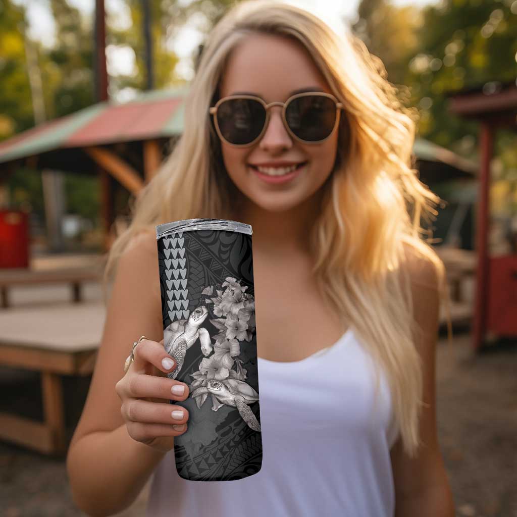 Hawaiian Turtle Love Couple Skinny Tumbler Sweet Hibiscus and Kakau Pattern Grayscale Color LT03 - Polynesian Pride