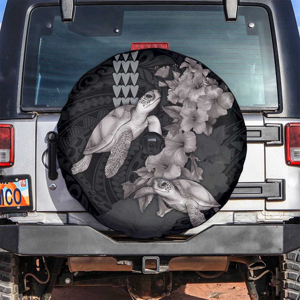 Hawaiian Turtle Love Couple Spare Tire Cover - Sweet Hibiscus and Kakau Pattern Grayscale Color LT03 Black - Polynesian Pride