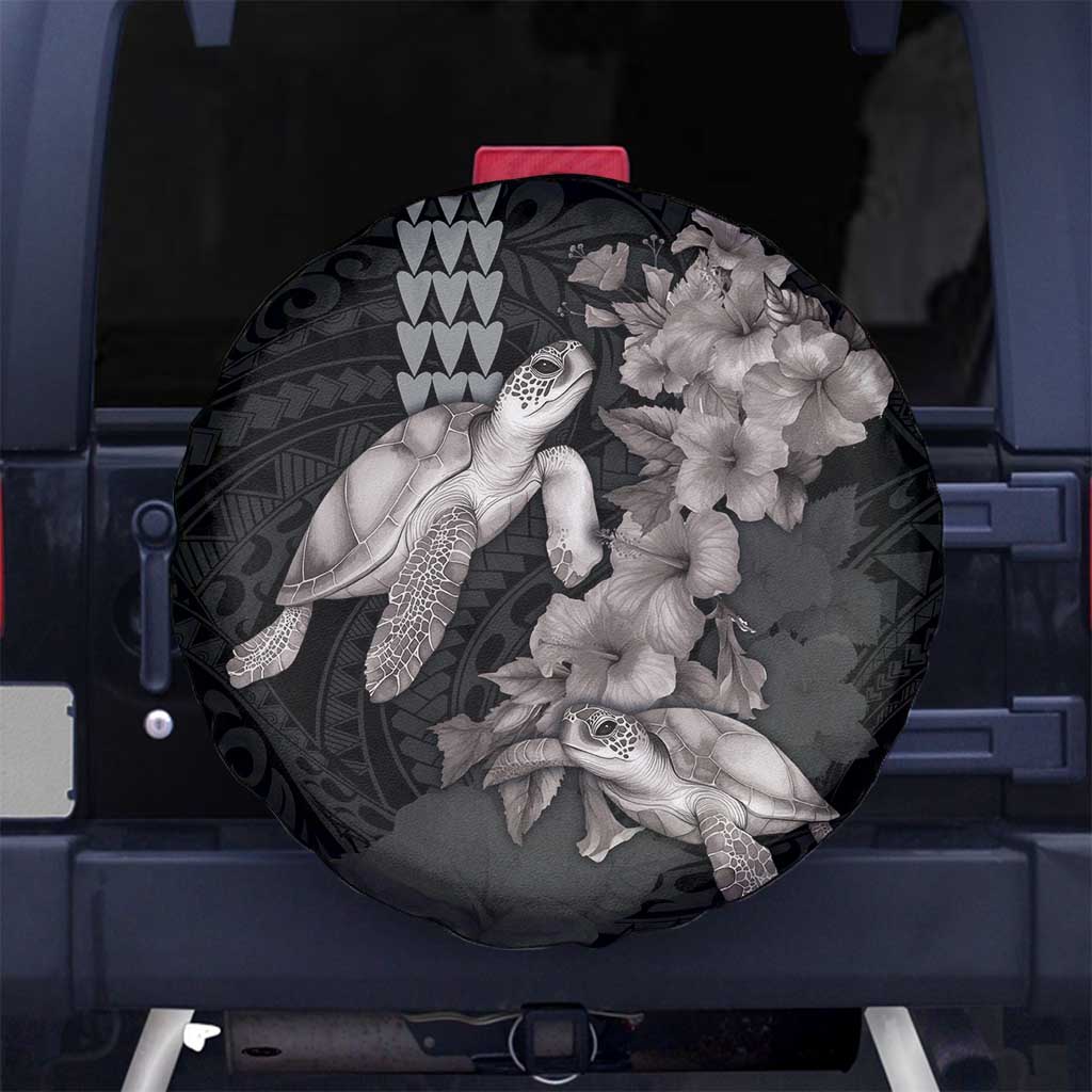 Hawaiian Turtle Love Couple Spare Tire Cover - Sweet Hibiscus and Kakau Pattern Grayscale Color LT03 - Polynesian Pride