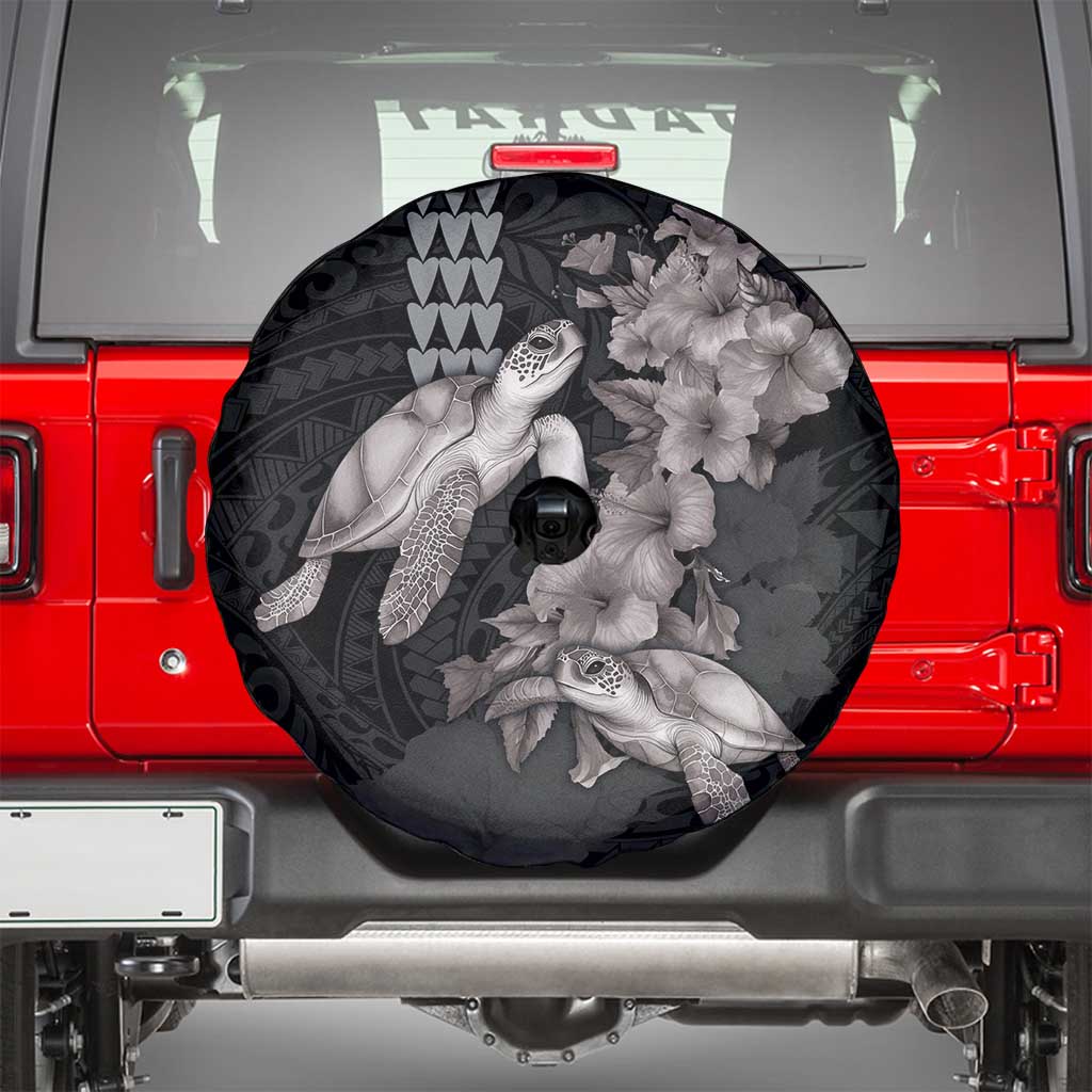 Hawaiian Turtle Love Couple Spare Tire Cover - Sweet Hibiscus and Kakau Pattern Grayscale Color LT03 - Polynesian Pride