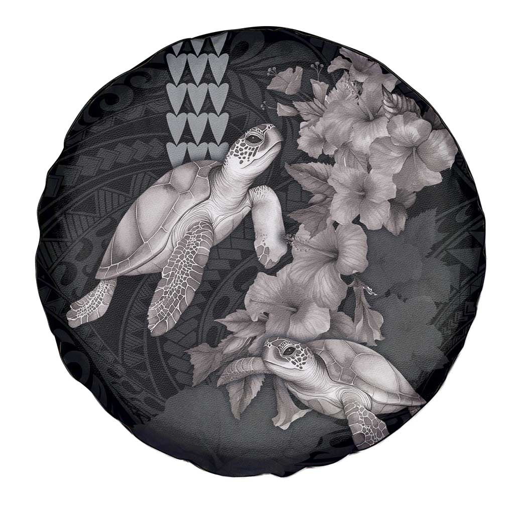Hawaiian Turtle Love Couple Spare Tire Cover - Sweet Hibiscus and Kakau Pattern Grayscale Color LT03 - Polynesian Pride