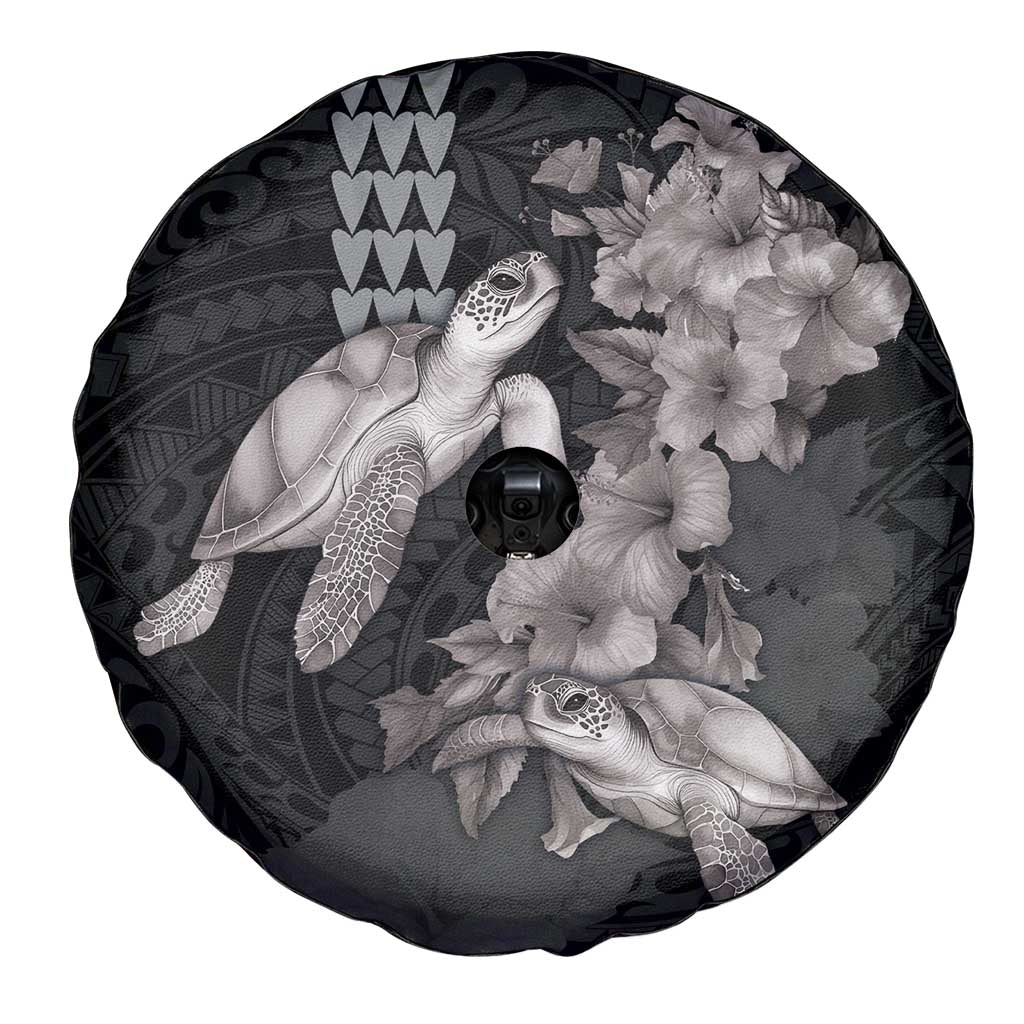 Hawaiian Turtle Love Couple Spare Tire Cover - Sweet Hibiscus and Kakau Pattern Grayscale Color LT03 - Polynesian Pride