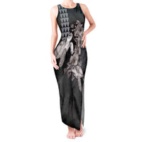 Hawaiian Turtle Love Couple Tank Maxi Dress - Sweet Hibiscus and Kakau Pattern Grayscale Color LT03 Women Black - Polynesian Pride