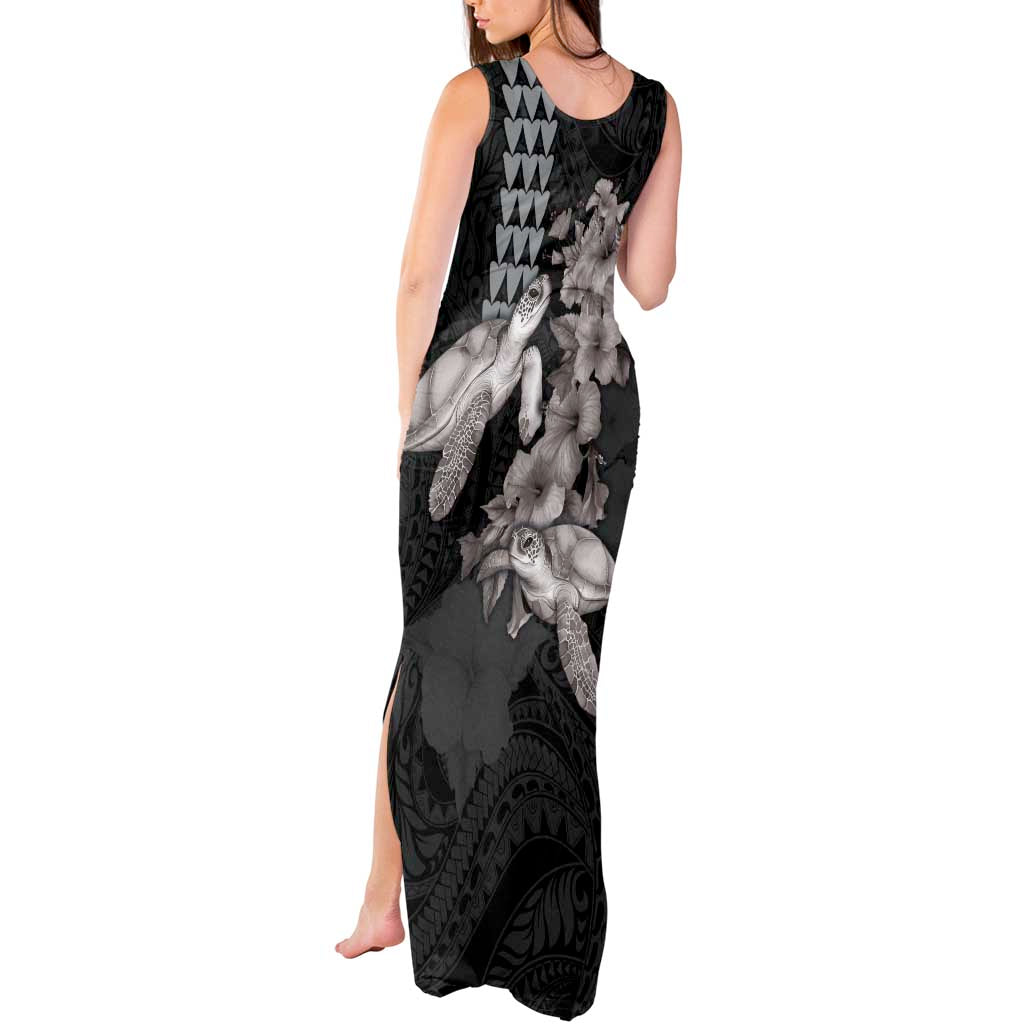 Hawaiian Turtle Love Couple Tank Maxi Dress - Sweet Hibiscus and Kakau Pattern Grayscale Color LT03 - Polynesian Pride