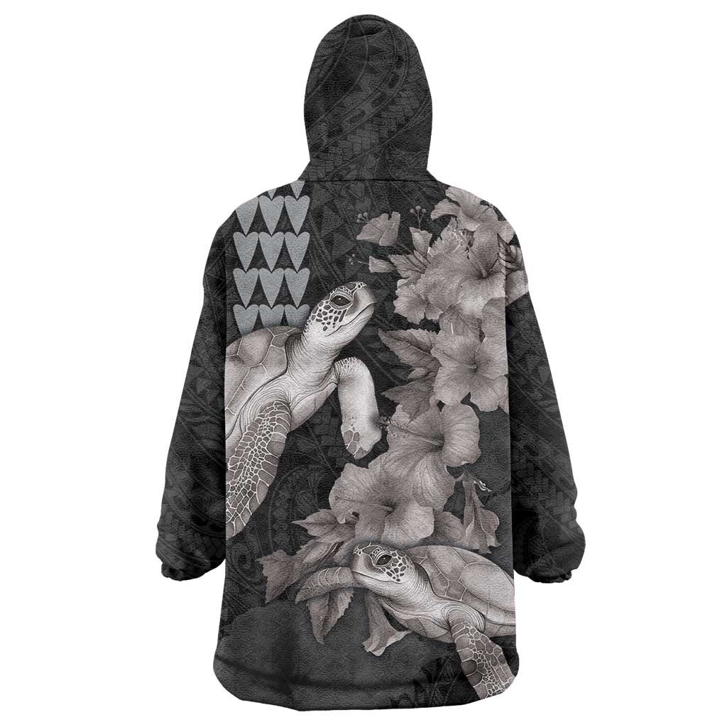 Hawaiian Turtle Love Couple Wearable Blanket Hoodie - Sweet Hibiscus and Kakau Pattern Grayscale Color LT03 - Polynesian Pride