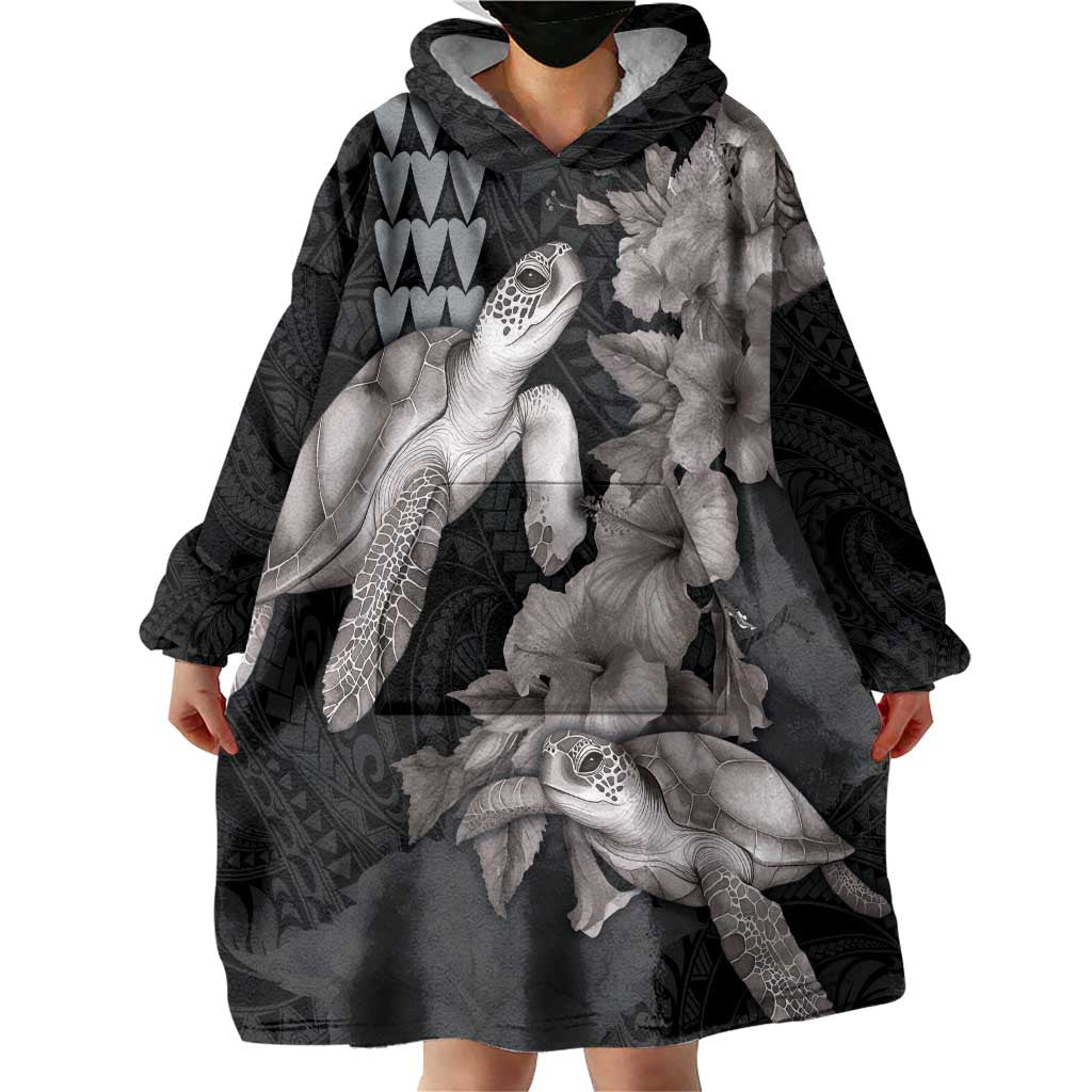 Hawaiian Turtle Love Couple Wearable Blanket Hoodie - Sweet Hibiscus and Kakau Pattern Grayscale Color LT03 - Polynesian Pride