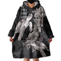 Hawaiian Turtle Love Couple Wearable Blanket Hoodie - Sweet Hibiscus and Kakau Pattern Grayscale Color LT03 - Polynesian Pride