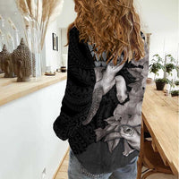 Hawaiian Turtle Love Couple Women Casual Shirt - Sweet Hibiscus and Kakau Pattern Grayscale Color LT03 - Polynesian Pride