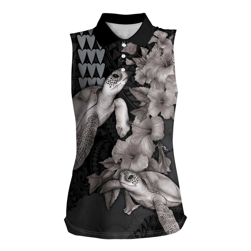 Hawaiian Turtle Love Couple Women Sleeveless Polo Shirt - Sweet Hibiscus and Kakau Pattern Grayscale Color LT03 Female Black - Polynesian Pride