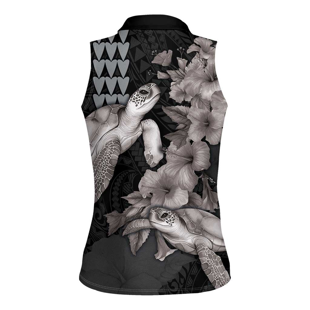 Hawaiian Turtle Love Couple Women Sleeveless Polo Shirt - Sweet Hibiscus and Kakau Pattern Grayscale Color LT03 - Polynesian Pride
