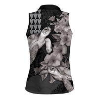 Hawaiian Turtle Love Couple Women Sleeveless Polo Shirt - Sweet Hibiscus and Kakau Pattern Grayscale Color LT03 - Polynesian Pride