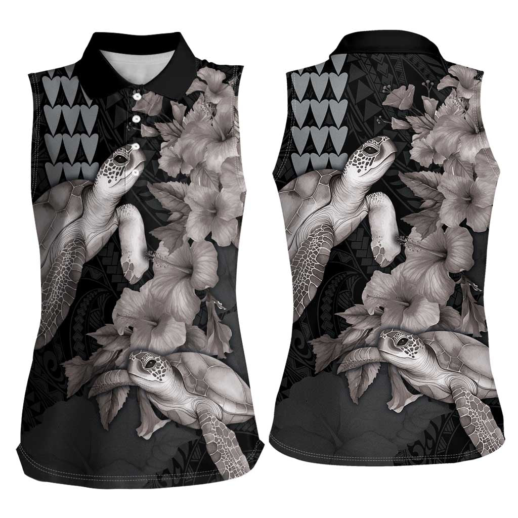 Hawaiian Turtle Love Couple Women Sleeveless Polo Shirt - Sweet Hibiscus and Kakau Pattern Grayscale Color LT03 - Polynesian Pride