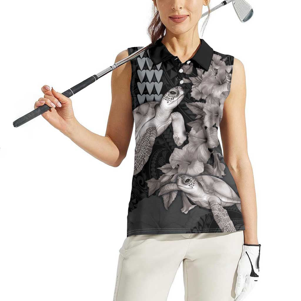 Hawaiian Turtle Love Couple Women Sleeveless Polo Shirt - Sweet Hibiscus and Kakau Pattern Grayscale Color LT03 - Polynesian Pride