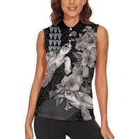 Hawaiian Turtle Love Couple Women Sleeveless Polo Shirt - Sweet Hibiscus and Kakau Pattern Grayscale Color LT03 - Polynesian Pride