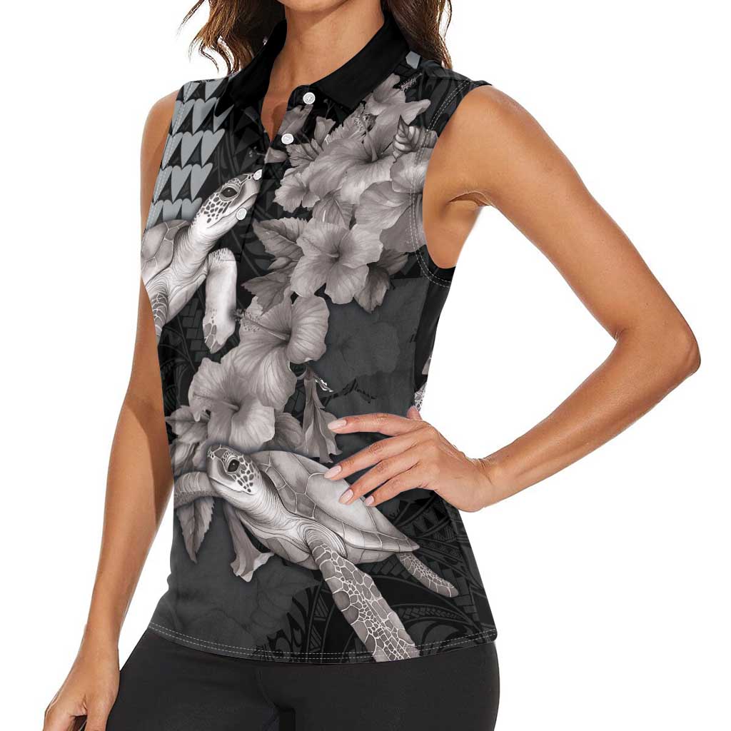 Hawaiian Turtle Love Couple Women Sleeveless Polo Shirt - Sweet Hibiscus and Kakau Pattern Grayscale Color LT03 - Polynesian Pride