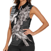 Hawaiian Turtle Love Couple Women Sleeveless Polo Shirt - Sweet Hibiscus and Kakau Pattern Grayscale Color LT03 - Polynesian Pride