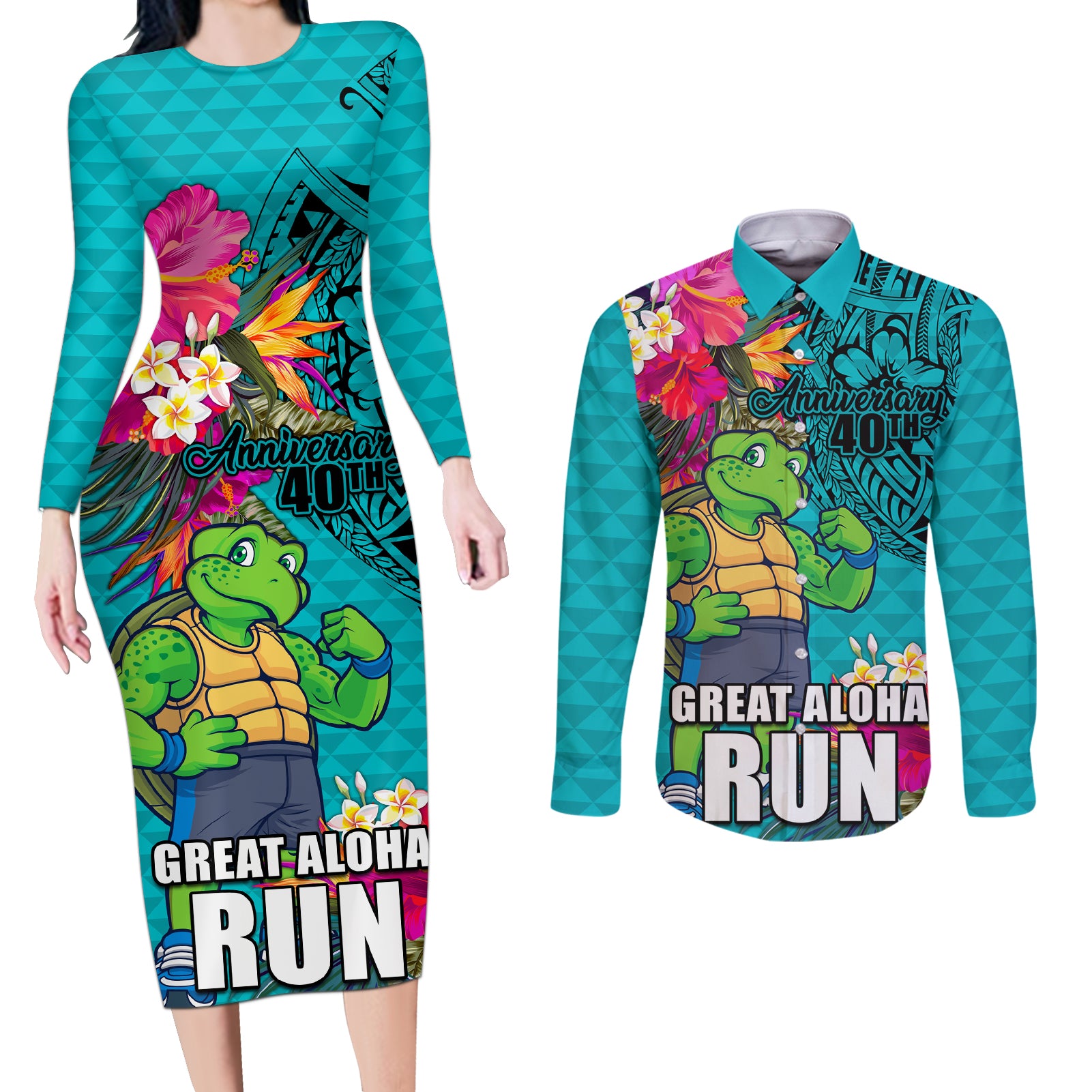 Hawaii Great Aloha Run 40th Anniversary Couples Matching Long Sleeve Bodycon Dress and Long Sleeve Button Shirt With Turtle Mascot Marathon Hibiscus and Kakau LT03 Turquoise - Polynesian Pride