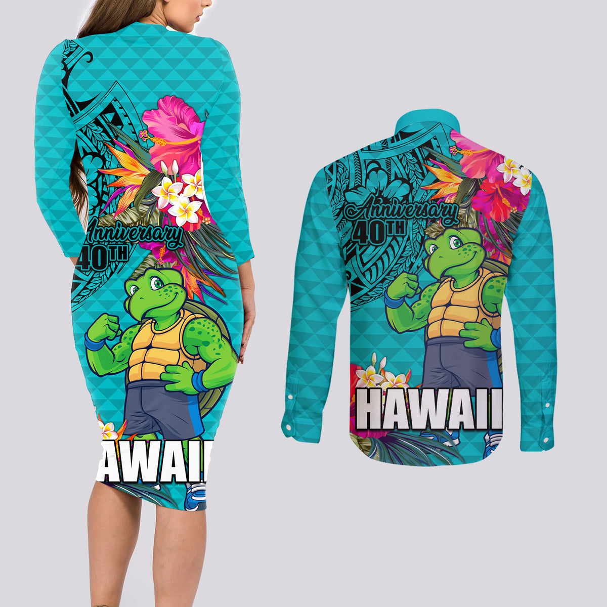 Hawaii Great Aloha Run 40th Anniversary Couples Matching Long Sleeve Bodycon Dress and Long Sleeve Button Shirt With Turtle Mascot Marathon Hibiscus and Kakau LT03 - Polynesian Pride
