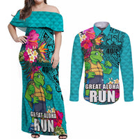 Hawaii Great Aloha Run 40th Anniversary Couples Matching Off Shoulder Maxi Dress and Long Sleeve Button Shirt With Turtle Mascot Marathon Hibiscus and Kakau LT03 Turquoise - Polynesian Pride