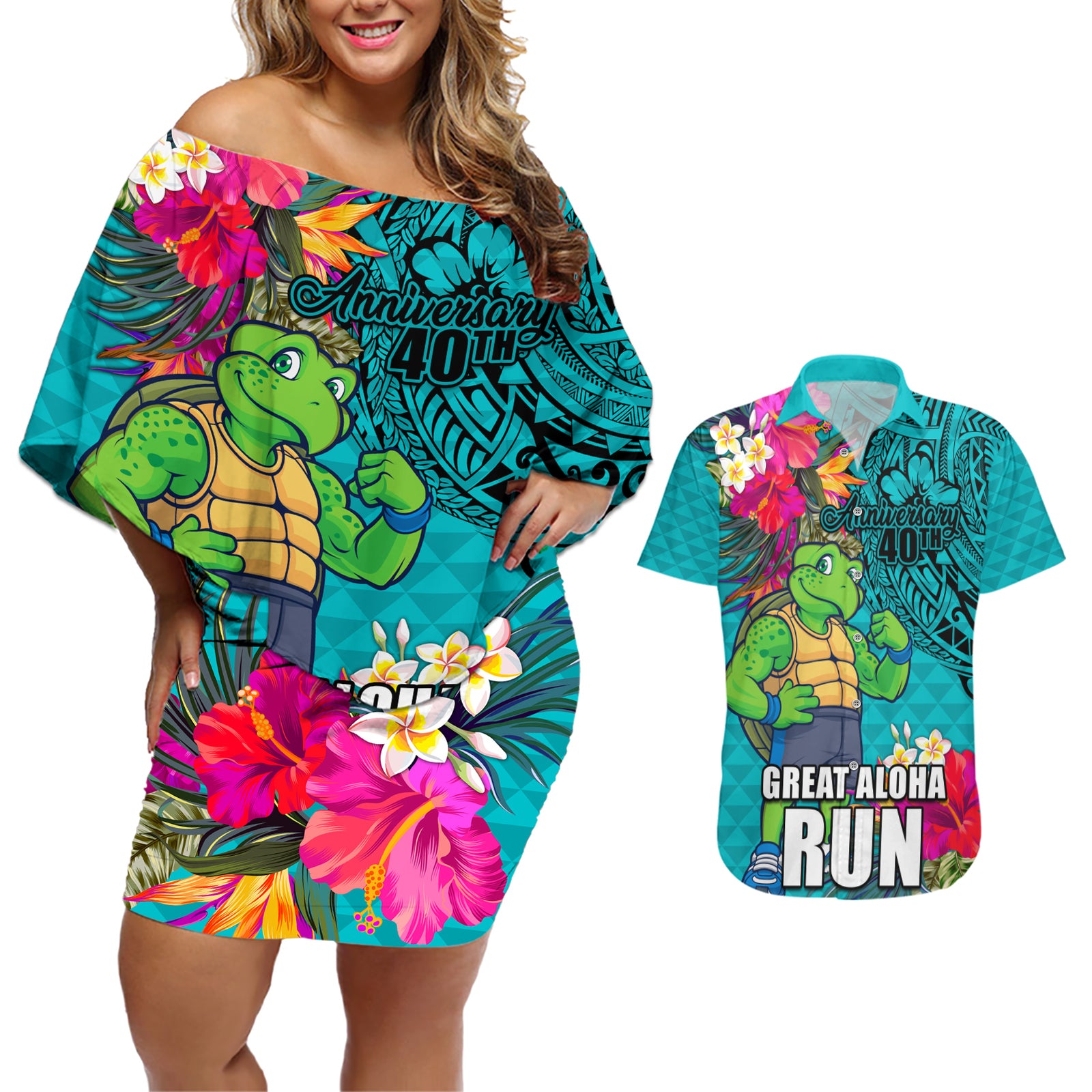 Hawaii Great Aloha Run 40th Anniversary Couples Matching Off Shoulder Short Dress and Hawaiian Shirt With Turtle Mascot Marathon Hibiscus and Kakau LT03 Turquoise - Polynesian Pride