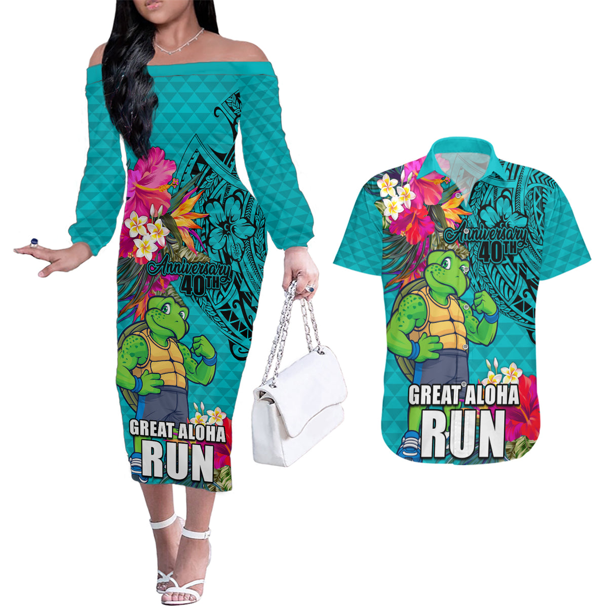 Hawaii Great Aloha Run 40th Anniversary Couples Matching Off The Shoulder Long Sleeve Dress and Hawaiian Shirt With Turtle Mascot Marathon Hibiscus and Kakau LT03 Turquoise - Polynesian Pride