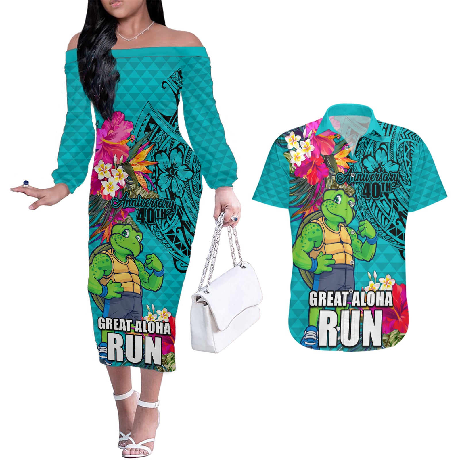 Hawaii Great Aloha Run 40th Anniversary Couples Matching Off The Shoulder Long Sleeve Dress and Hawaiian Shirt With Turtle Mascot Marathon Hibiscus and Kakau LT03 Turquoise - Polynesian Pride